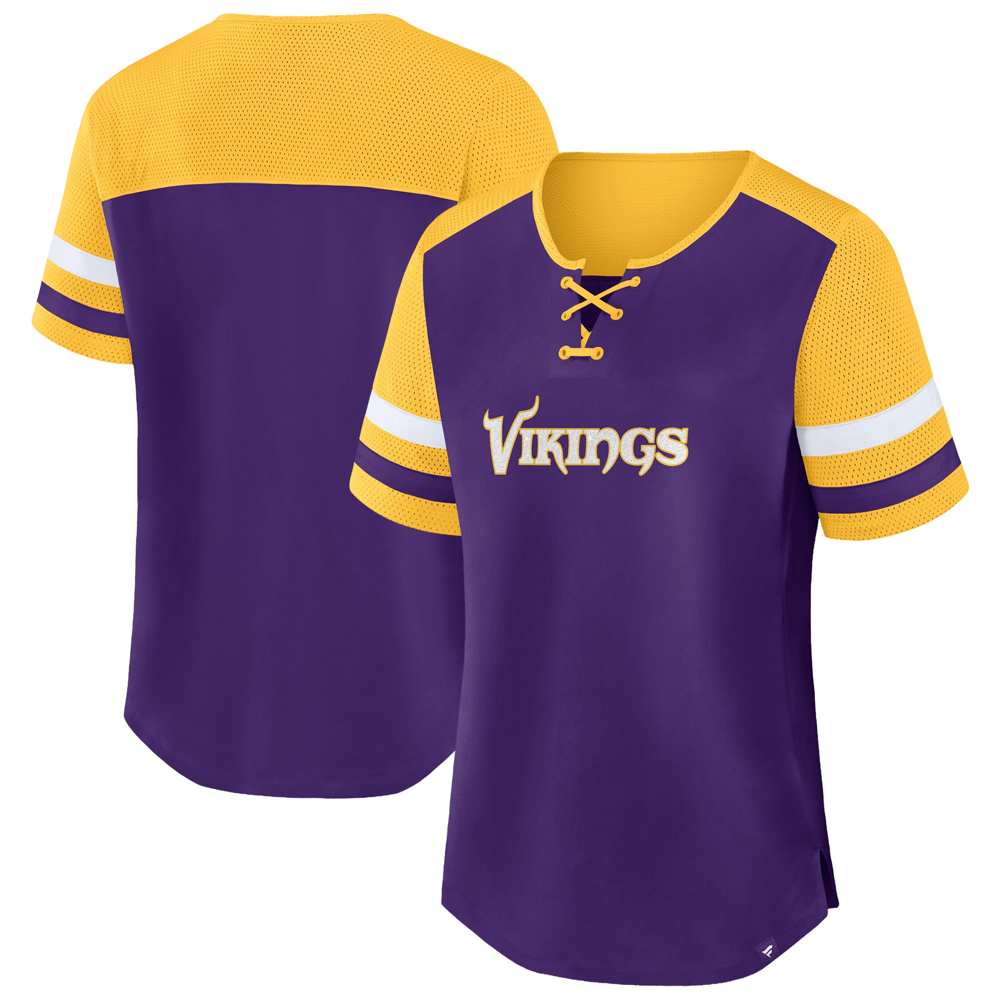 Women's Fanatics Purple/Gold Minnesota Vikings Plus Size Throwback Curl Route Lace-Up T-Shirt